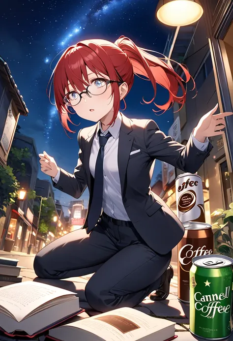 high image quality、woman、petite、small breasts、red hair in a ponytail、wear glasses、three white eyes、suit、tie、pants、night、outdoor、...