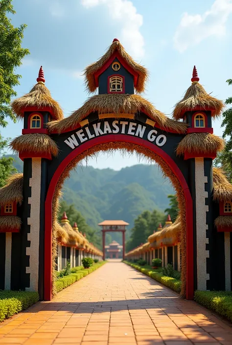 a close up of a road with a sign that says welcome to Langhin Zonal Karbi Youth festival, gate made up of straw and small house design in gate side,gate pillar should be coloured in black white and red color,upside gate should be design with a small home,f...