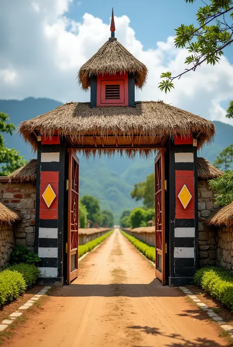 a close up of a road with a sign that says welcome to Langhin Zonal Karbi Youth festival, gate made up of straw and small house design in gate side,gate pillar should be coloured in black white and red color,upside gate should be design with a small home,f...