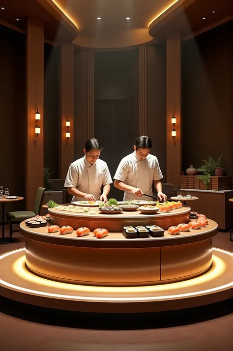 Rotating sushi bar stage with a bar 