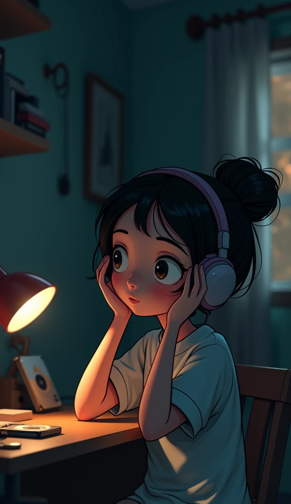 night、Girl listening to music in cozy room, Use headphones, 2D style animation, Low Fidelity, Hard Drive, Dark environment,,Xin Haicheng style