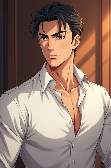 sexy man, rich, handsome, with brown eyes and black hair, white shirt like anime in kingdom 