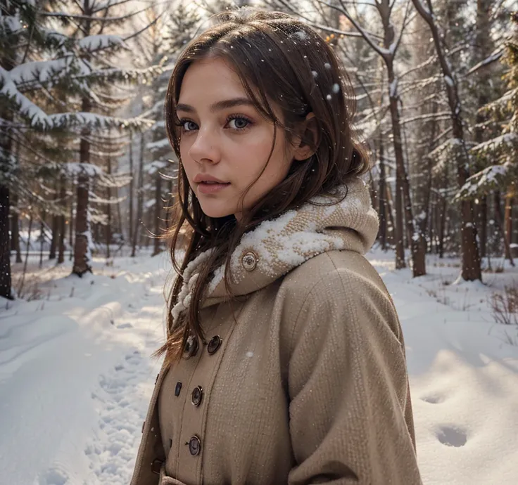 1 girl wearing brown and beige winter dress, walking outdoors in snowy landscape, beautiful detailed eyes, beautiful detailed lips, extremely detailed face, long eyelashes, photorealistic, high quality, 8K, hyperrealistic, intricate details, cinematic ligh...