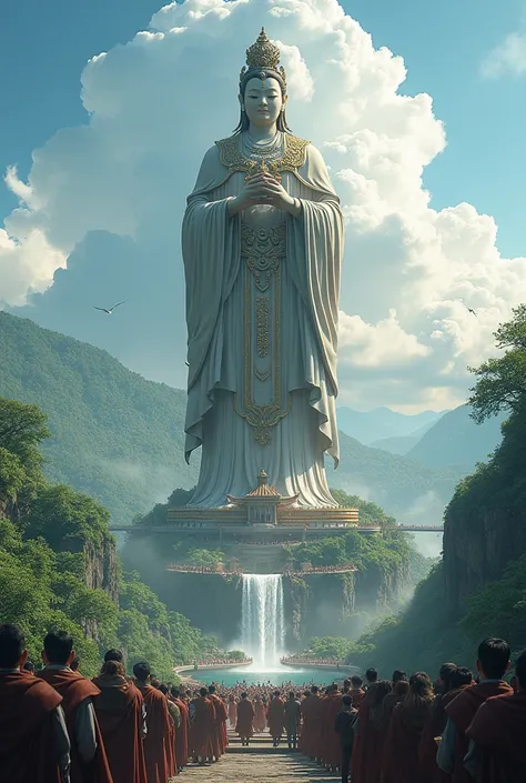 The statue of the god Ke on a high, fertile mountain has many people coming to take pictures and praise it.