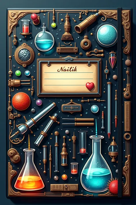 Create a science notebook cover in black colour and include some gadgets of science like microscope telescope and include some experiments of science like chemical reaction and include a name slip and it is fullfill by NAITIK and include awesome design on ...