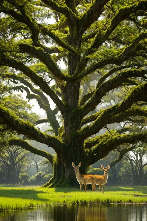 Big tree in the marsh。mysterious。Moss and ferns grow。Light shines in。Like a god々The world in which。Two big deer looking at me。