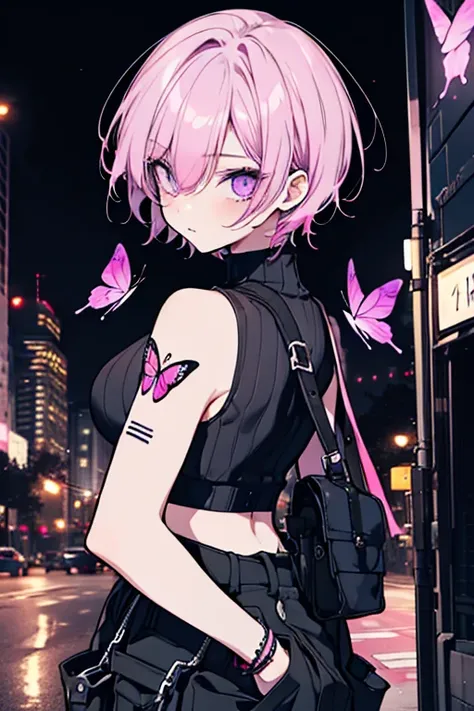 1 girl、Mature、Ample breasts、short hair、violet and pink hair、Long eyelashes、cool、Neutral facial features、cool、Punk Fashion、Sleeveless、turtleneck、Butterfly Tattoo、cargo pants、Military Fashion、Night view、Downtown、Look back、mysterious