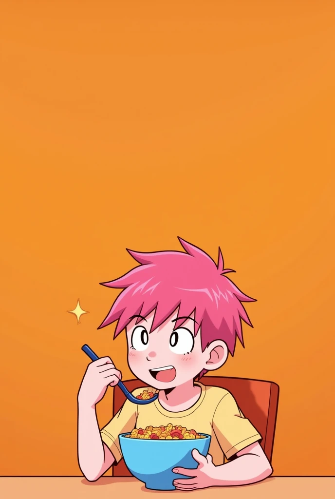 1 2D male character with pink hair eating cereal on an orange background