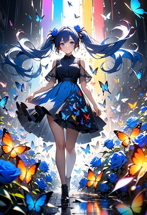 A miraculous fusion of Abstract Expressionism and 8k Octane、Jackson.By Pollock、A girl with blue hair and twin tails is standing alone in the pitch black darkness wearing a simple blue dress.、Beautiful blue roses bloom all around the girl、Out of the darknes...