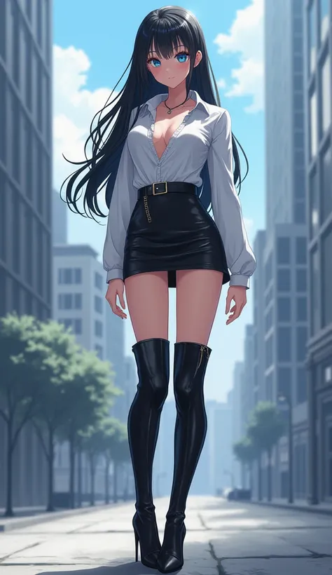 Black knee-high boots、Plain knee-high boots、Overall image，Side angle、Large Breasts、anime、walk，One girl, Long Hair, Black Hair, Close your mouth,  Black stiletto knee-high boots, Bright Eyes,, whole body，The entire boot is visible，I can see the stiletto hee...