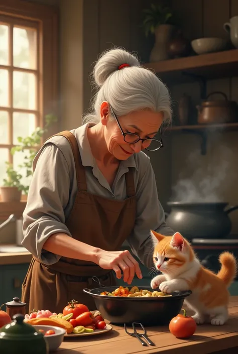 how old aunty cooking the food with her little kitten