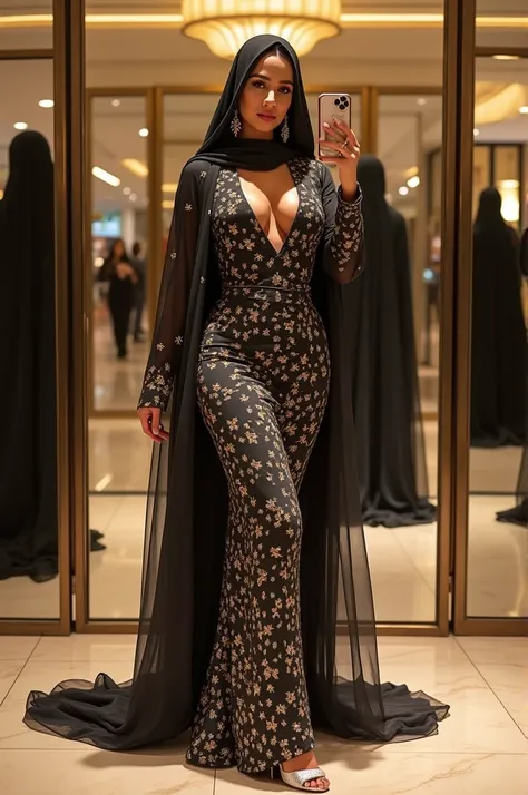 Teenage arabian princess curvy slim thick flaunts curves in extremely skin tight full body Arabic star and crescent print long skirt full long sleeves abaya hijab dress with transperent long shiny scarf on head.silver high heels.long earrings.taking mirror...