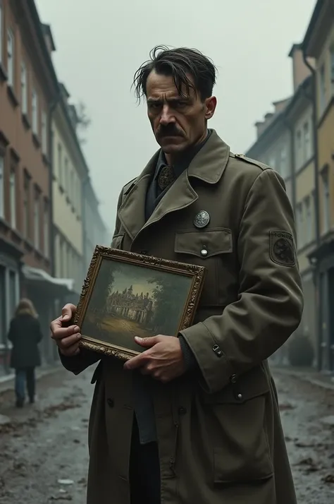 A young Adolf Hitler, standing in the cold, gray streets of Vienna, dressed in worn-out clothes. His face is filled with frustration as he clutches a painting, rejected from the art academy. The background shows the bleak and dreary urban landscape, symbol...