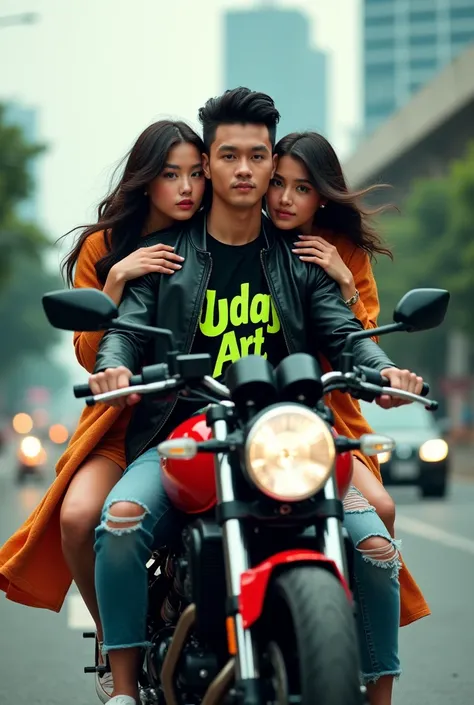 a handsome hongkong man aged 25 years, neat hair, clearly visible face, wearing a batik motif t-shirt with neon green "Uday Art" slanted writing, wearing a black leather jacket with full attributes, ripped jeans, white cat shoes. 2 woman, long flowing hair...