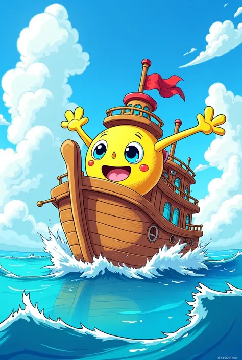 Sunny ship in One Piece, color cartoon line drawing