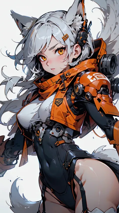 High image quality、high quality、Wolf Beast、woman, Silver Hair, Long Hair,Yellow Eyes, Wolf Ears, Claws and a furry body, , Large Breasts, Big Ass, whole body, The tail of the beast,Mechanical Gauntlet、leg garter、Erect nipples、黒のwhole bodyタイツ、Orange micro j...