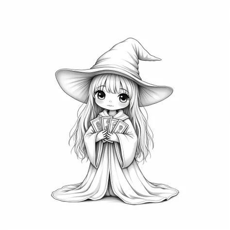 Beautiful hand-painted Q version black and white simple clean line drawing，Pure white background，A cute girl，Wearing wizarding robes，Holding the Carroll cards and making predictions