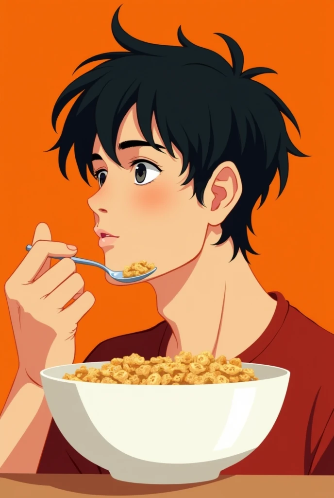 Round profile image of 2D 1 male character with black hair eating cereal on an orange background