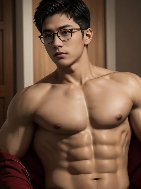 a handsome asian boy with oval face, eyeglasses, neat muscular body, wearing a hoodie jacket, black micro thong with big bulge, showing abs, slim abs, (best quality,4k,8k,highres,masterpiece:1.2),ultra-detailed,(realistic,photorealistic,photo-realistic:1.3...