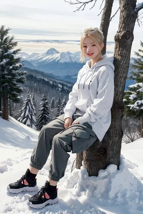 A cute beautiful white-skinned Korean woman, wearing a floral knitted hoodie, cargo pants, black shoes, is sitting on a tree branch covered in white snow and there is a white bear near the handsome man, with a background of snow mountains. And snow-covered...