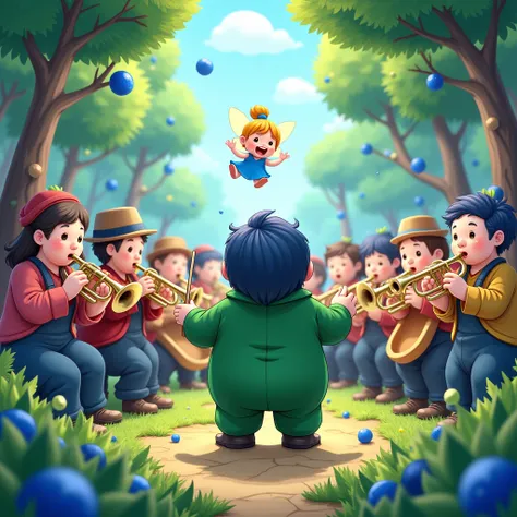 In the blueberry forest、People playing musical instruments。
There are about 100 wind instruments. The conductor is wearing a green long-sleeved overall. The conductor is seen from behind.、A little chubby. Bright and cute image. A cute blueberry fairy in th...