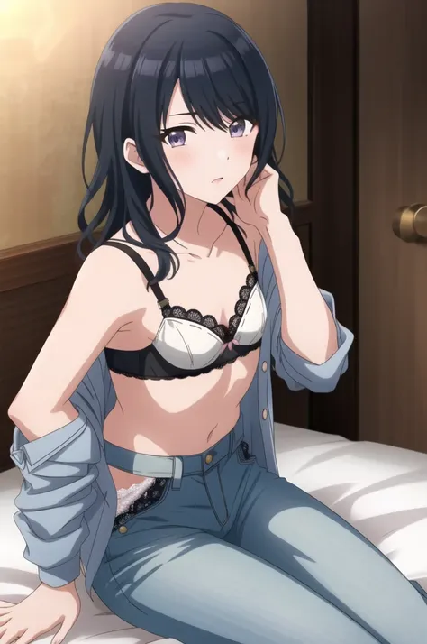 THE iDOLM@STER Shiny Colors, Hiori Kazano, detailed purple eyes, , 1 girl, medium hair, alone, hair between eyes,,,((in panties, undress denim pants)), 
beautiful long legs,Beautiful body,beautiful character design, perfect eyes, Perfect face,expressive ey...