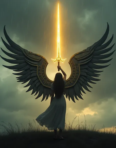 In a cinematic photograph from behind, A girl will be standing on a hill, amid a brewing rainstorm. She has large metal wings with golden rune patterns that shine beautifully.
Because the wings are large thus covering almost his entire back.
It has a large...