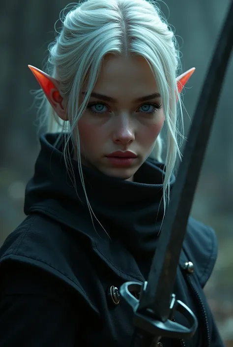 A murderer,1 girl, beautiful blue and detailed eyes, White hair, pointy ears, bronzed skin,Beautiful and detailed lips,extremely detailed face],long eyelashes,black suit,assassin suit,holding a sword,dramatic lighting,dark fantasy,gloomy atmosphere,cinemat...