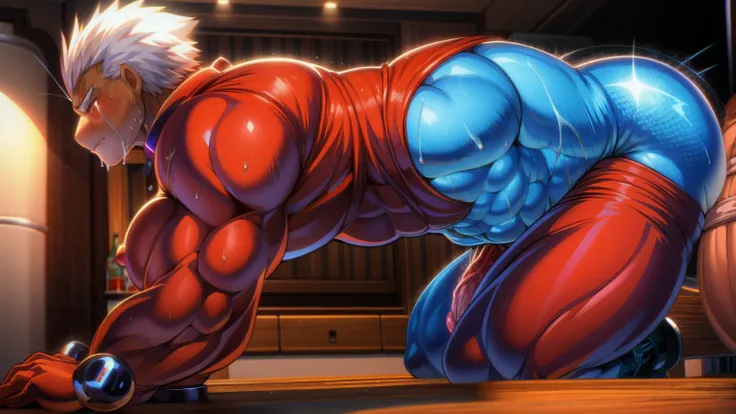 ((red jacket)),huge muscles,huge erect penis,emiya_shiro,dark skin,being raped,glowing skin,glowing skin,zoom out,penis,huge pen...