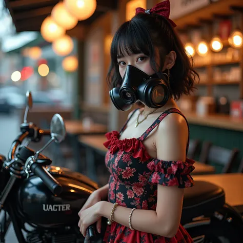 documentary photo, realistic, dramatic scene, very beautiful Japanese high school girl, famous beautiful Japanese idol, cute woman, (gothic lolita:1.2), (wearing a cute colored gothic lolita outfits with frills:1.2), (black latex full-face gasmask:1.3), (v...