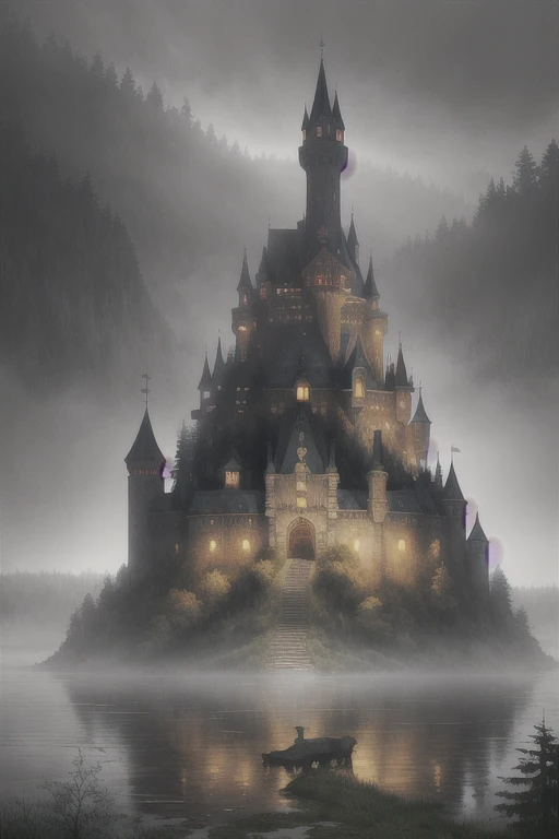 Dream art Absurd High resolution Masterpiece Best quality Fortress，Castle in the middle of the lake，Foggy forest，Horror，dim，In the fog