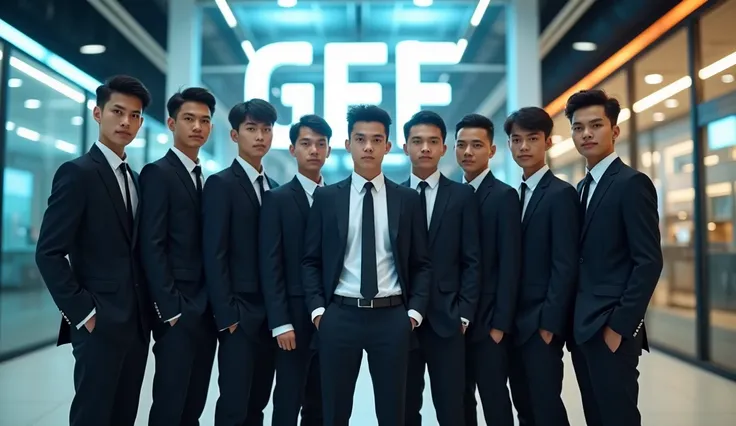 Professional photography group consists of 8 men aged 20 years old, Indonesian citizens, standing in a luxurious office with a transparent interior design and the name of the office written above it "GEF" , by wearing matching formal clothes. ultrahd+, rea...