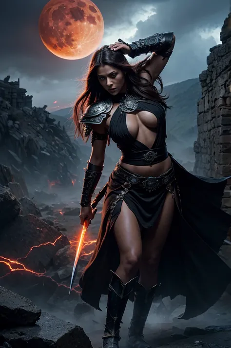 A highly detailed fantasy scene featuring a warrior girl in the midst of an intense battle with a towering demon. The warrior, a striking figure with long flowing hair tied in a high ponytail, is dressed in a traditional, ornate armor made of silver and ob...