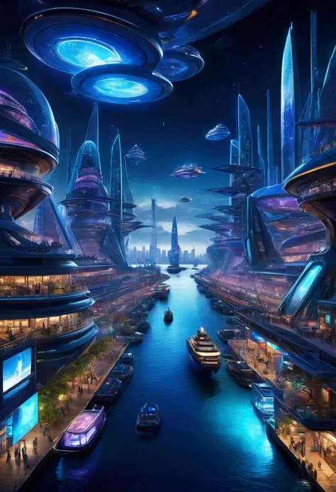 futuristic Harbor Holograms, (striking blue tones), magical cairns with sleek designs, Futuristic Container warship, shaped like a spaceship, sailing above revolt seas, neon lights illuminating ships parked at dock, Container ships soaring through the wate...