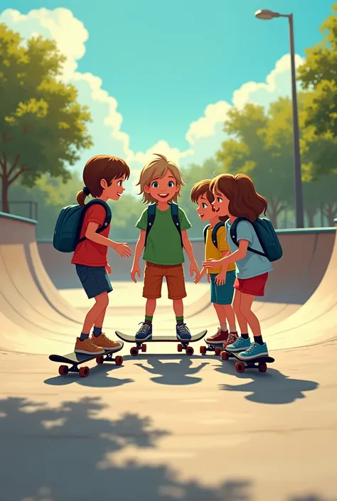 Title: Skatepark Shenanigans

Scene: A bright, sunny afternoon at a local skatepark. The sounds of wheels grinding on pavement, laughter, and playful shouts fill the air. A group of children, aged 9-12, are taking turns on their skateboards. Some are doing...