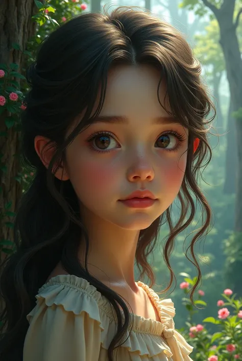 detailed digital painting of a young girl with long flowing hair, beautiful detailed eyes, beautiful detailed lips, extremely detailed face, longeyelashes, fantasy forest background, magical atmosphere, dramatic lighting, vibrant colors, 8k, photorealistic...