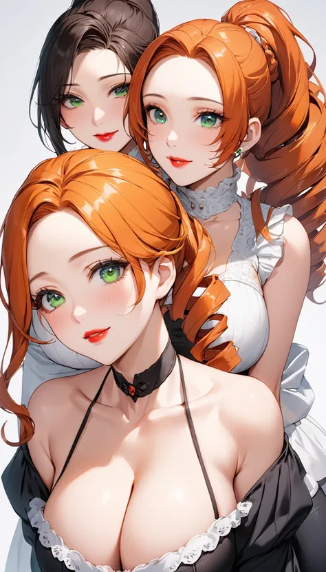 Highest quality、Best image quality、masterpiece、独奏, a girl、One woman, 3 mature woman, Best Bust、Large Breasts, Cleavage、Beautiful Eyes、Orange Hair、green eyes、Red lips, ((ponytail)), Drill Hair, ((forehead)), (sideburns), Very cute face, Glossy Lips, Double ...