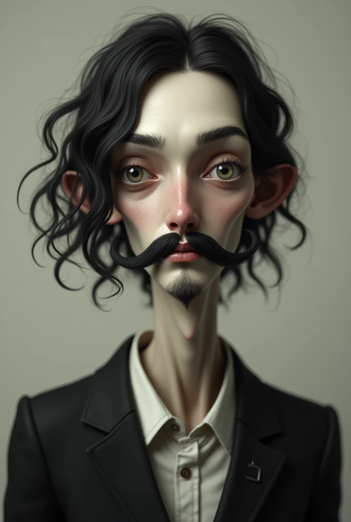 An extremely thin man with a mustache and medium hair
