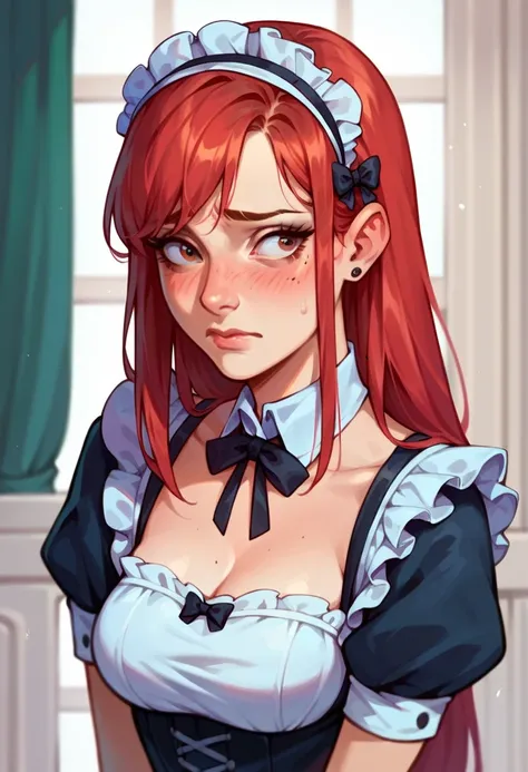 A red-haired man is embarrassed in his maid&#39;s uniform., male,looking at one&#39;s own body