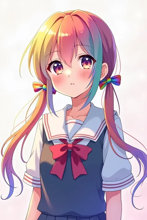 Anime, 2020 s, Rainbow-colored girl, long low twintails with ribbon, serafuku, from front.