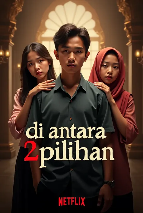 Make a movie poster featuring the three main characters in a dramatic love triangle. The main character, a young Indonesian man with a slight mustache, slightly chubby and oval face, faces forward. Wearing a blue shirt, looks confident, and stands between ...