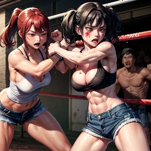 She is slammed into the wall. The opponents fist touches her belly hard. two (bloody) beautiful Japanese high school student girl streetfighters are fighting in the back alley. they are covered in (blood) and (bruises) , (Intense violence). A fierce exchan...