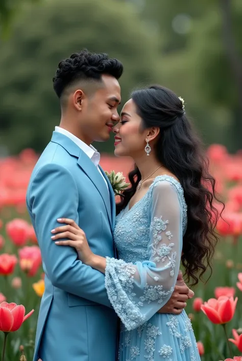 Realistic photography.  young Indonesian man, dark skin, sweet, curly buzzcut hair. taking wedding photos with a beautiful young woman with slightly dark skin. long curly hair. they wore traditional Indonesian couple clothes in sky blue. looks luxurious. t...