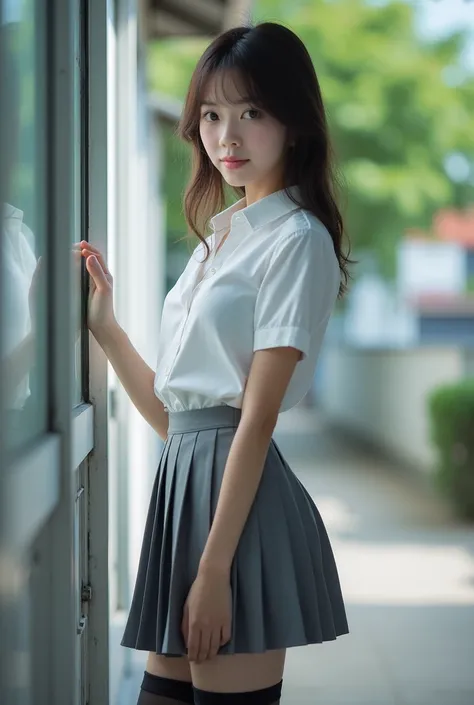 japanese girl in real world,
side camera angle, thighhighs fit with skirt, swearing thai university uniform is white shirt and gray pleated skirt, Pose with your back and face slightly Raise one leg to provoke emotions.