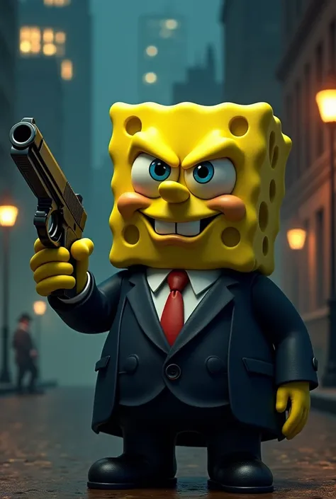 Create an image of Spongebob dressed as a mafia boss with a gun in his hand