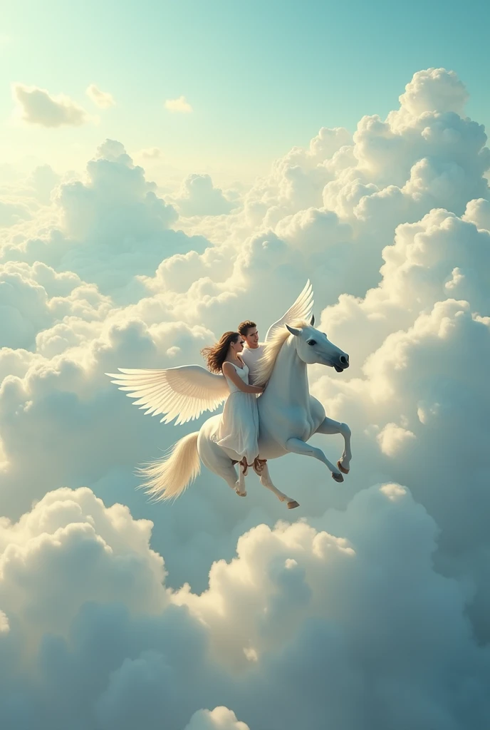 "As the couple drifts through a sky of fluffy clouds, their white wings shining, they are joined by a stunning group of winged horses, all gracefully flying and wandering around them."