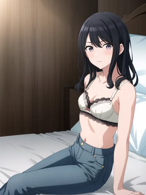 THE iDOLM@STER Shiny Colors, Hiori Kazano, detailed purple eyes, , 1 girl, medium hair, alone, hair between eyes,,,((undress denim pants)), 
beautiful long legs,Beautiful body,beautiful character design, perfect eyes, Perfect face,expressive eyes, looking ...