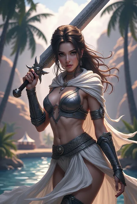 sword of seduction, female warrior wielding one sword to confuse enemies, fantasy, near oasis