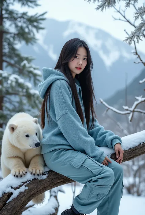 A cute white beautiful Korean woman, wearing a cheetah patterned sky blue knitted hoodie, cargo pants, black shoes, is sitting on a tree branch covered with white snow and there is a white bear near the beautiful woman, with snow mountains in the backgroun...