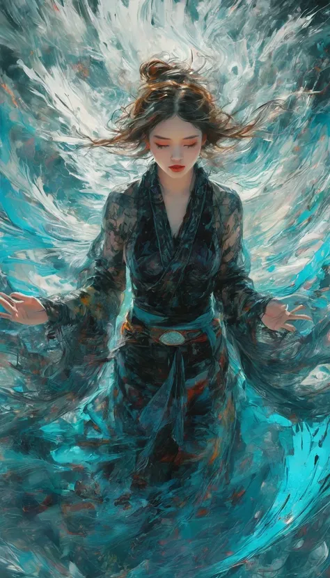 Abstract Expressionist Paintings - Abstract Beauty,(Black transparent， Lace),(((Looking at the camera))),Nearly perfect,Dynamic,moonlight,Very detailed,Digital Painting,Art Station,Concept Art,Smooth,Clear focus,illustration,Art work：carne griffiths 和 wadi...